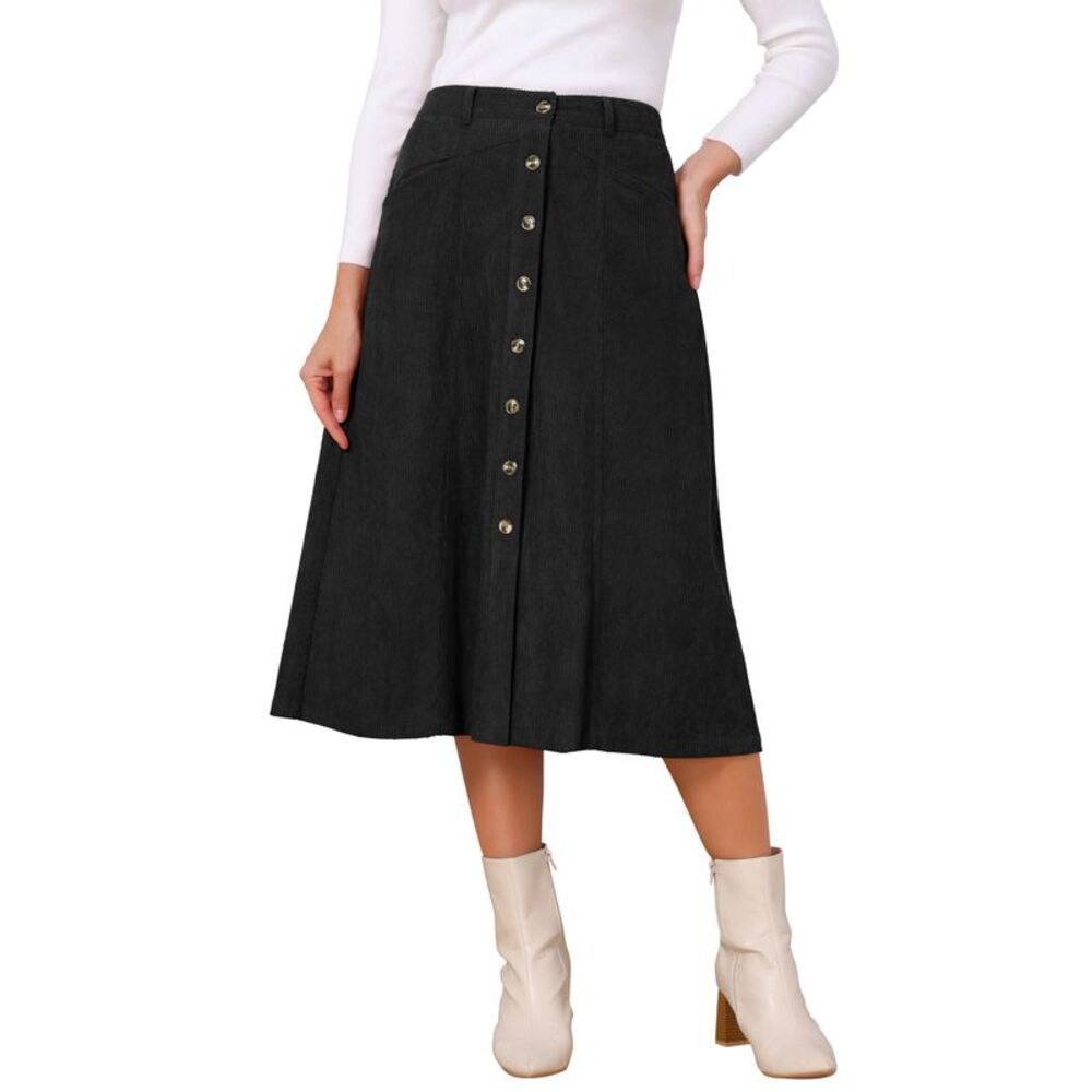 Women's Corduroy Skirts Fall Winter Work Office A-Line Midi Skirt Black